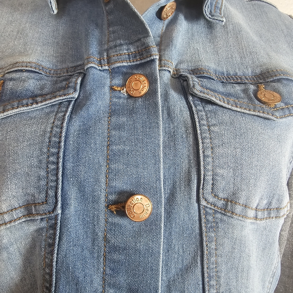 Denim Jacket Mixed Media Hoodie Jacket Distressed Blue Jean Womens Small - Picture 4 of 9